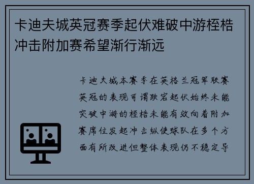 卡迪夫城英冠赛季起伏难破中游桎梏冲击附加赛希望渐行渐远